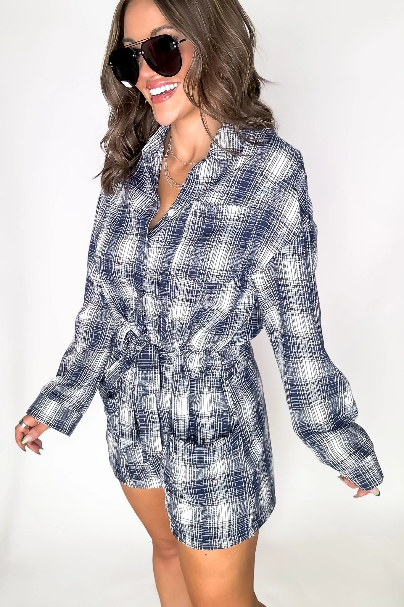 Navy Plaid Button Down Romper