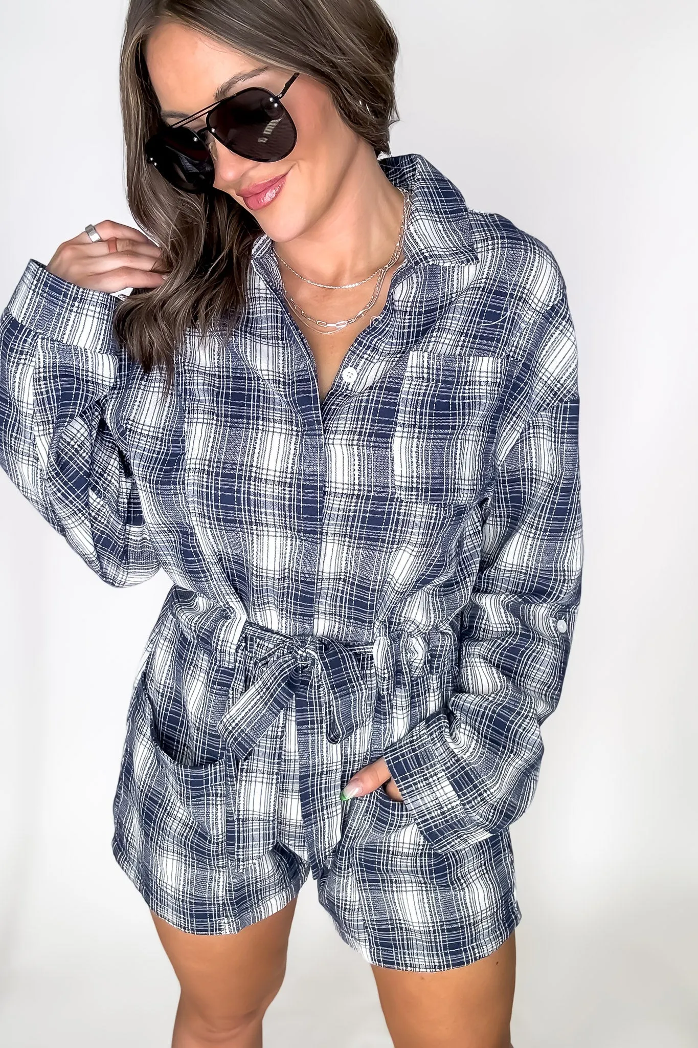 Navy Plaid Button Down Romper