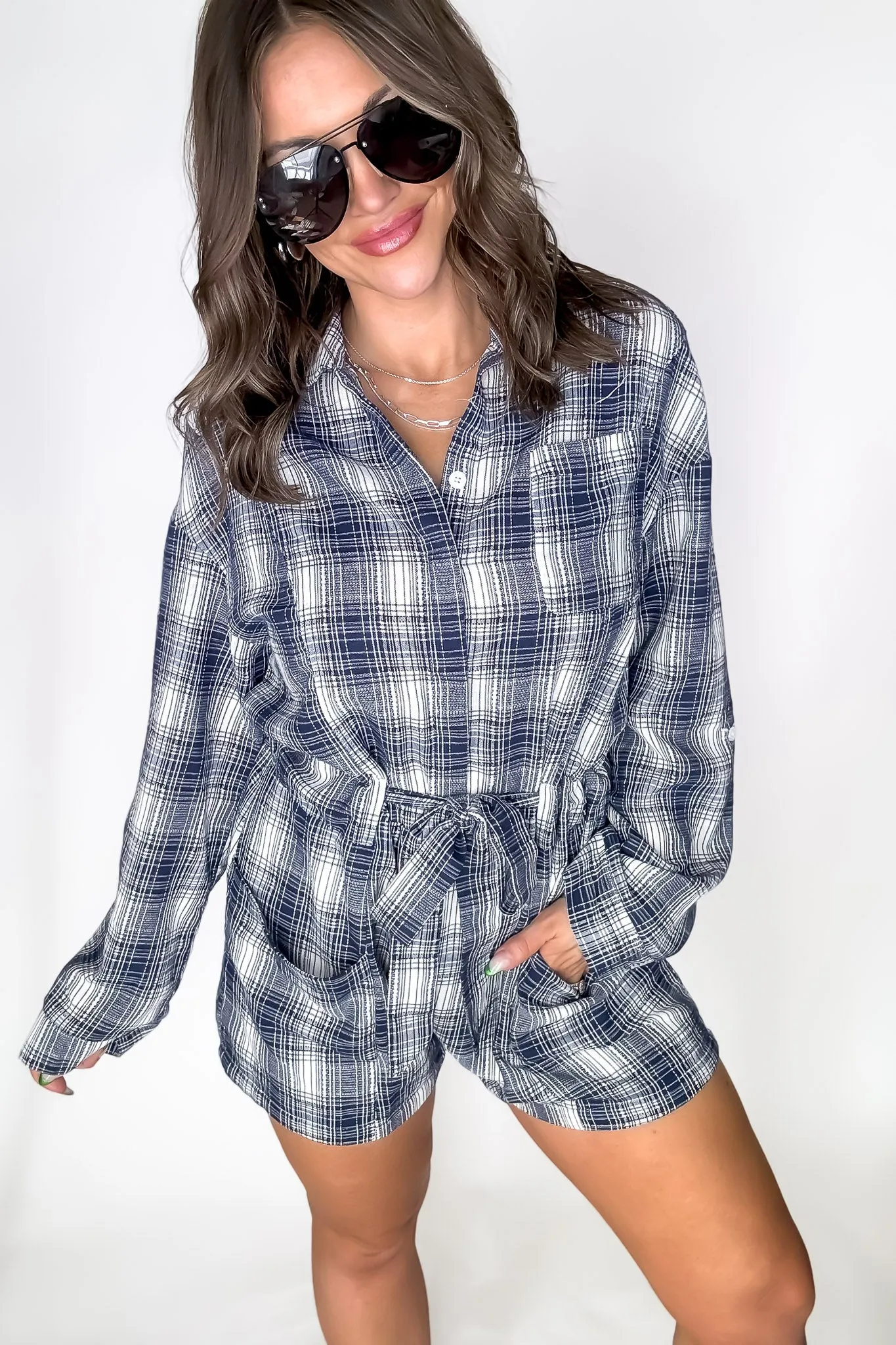 Navy Plaid Button Down Romper