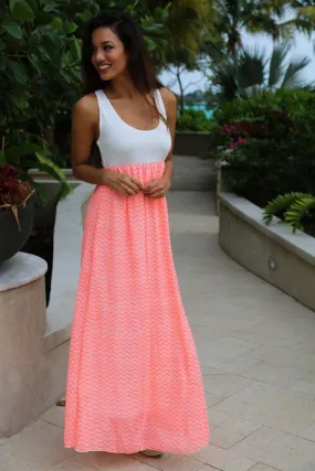 Neon Coral Chevron Maxi Dress