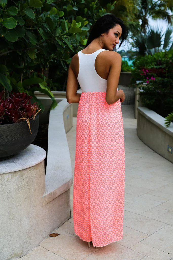 Neon Coral Chevron Maxi Dress