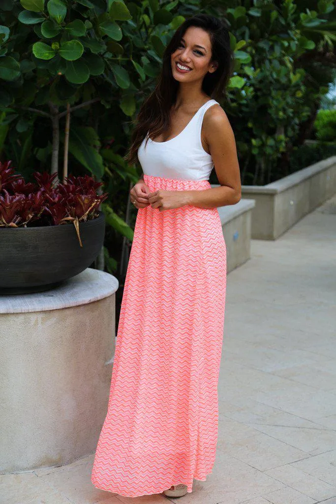 Neon Coral Chevron Maxi Dress