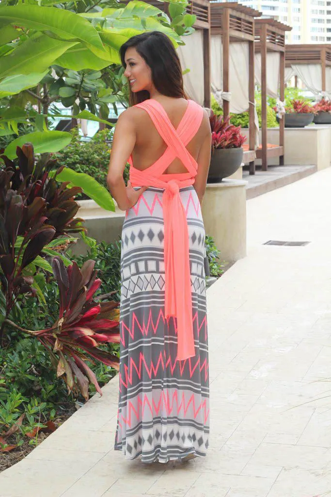 Neon Coral Tie Back Maxi Dress