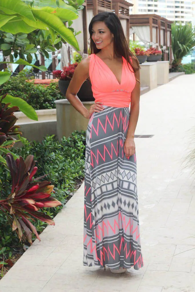 Neon Coral Tie Back Maxi Dress