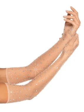 Nude Fishnet Rhinestone Gloves