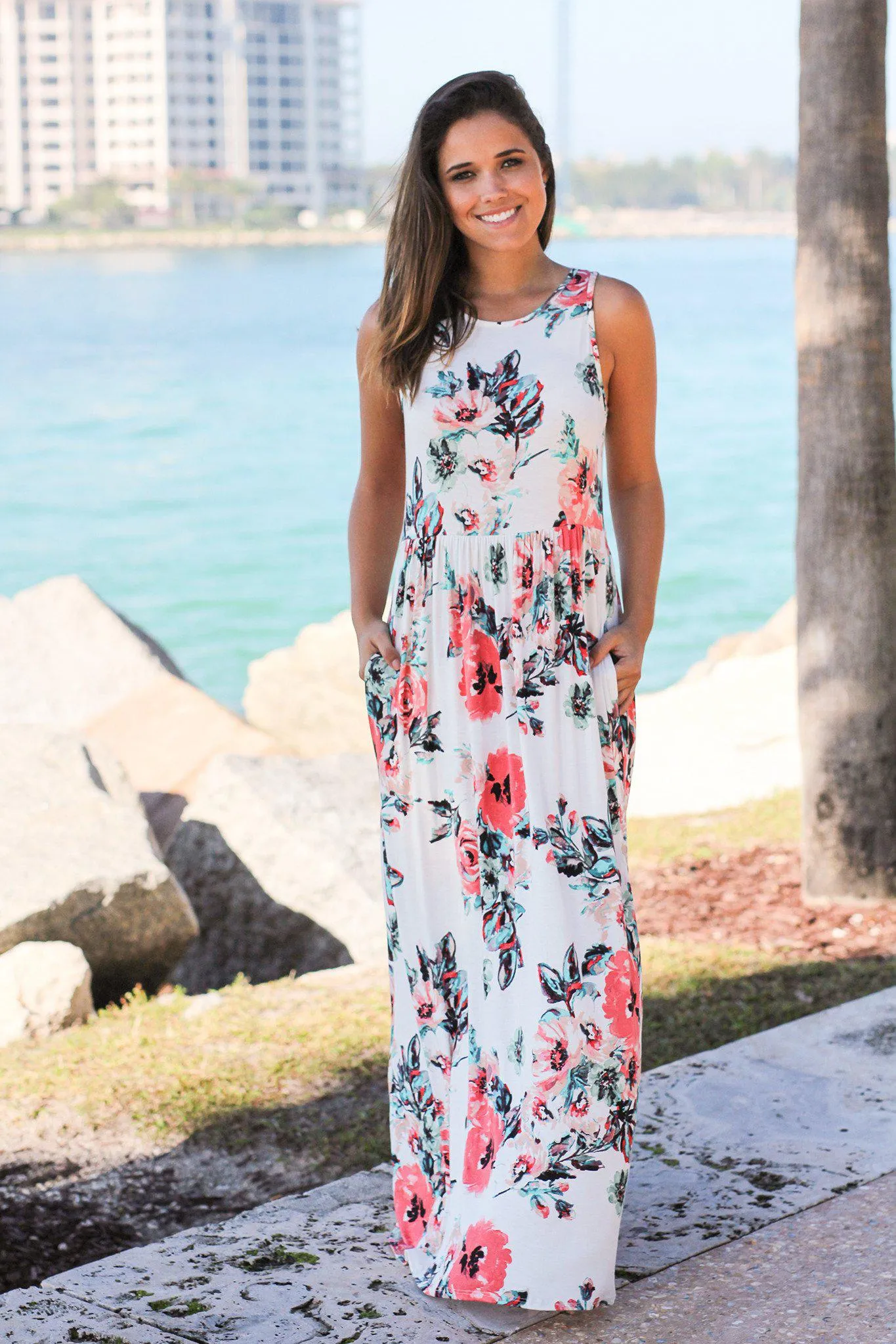 Off White Floral Maxi Dress with Pockets