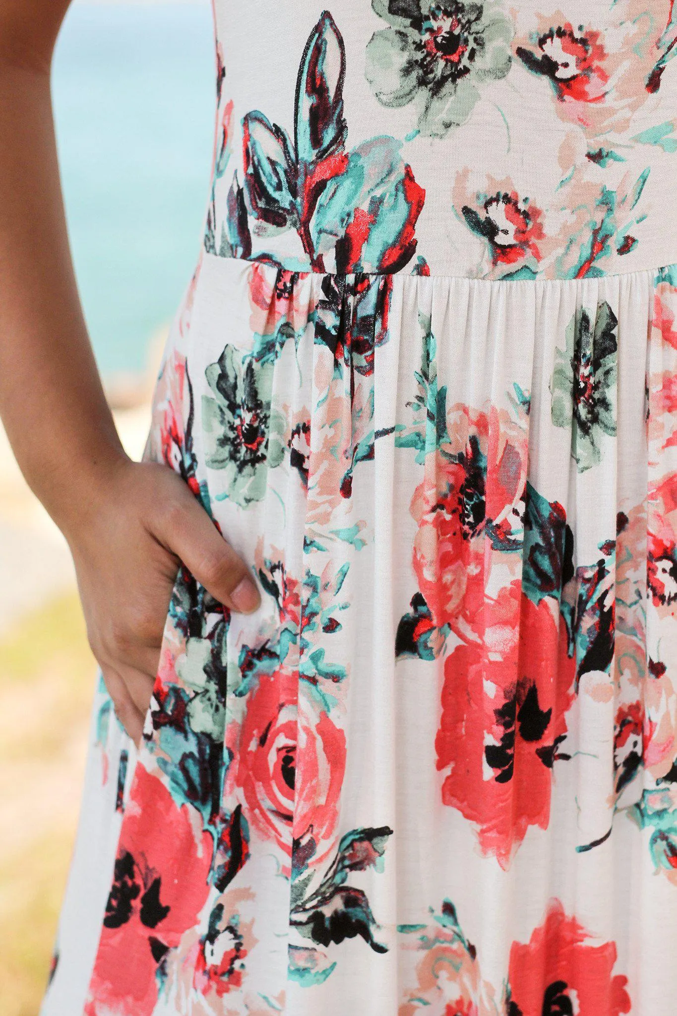 Off White Floral Maxi Dress with Pockets