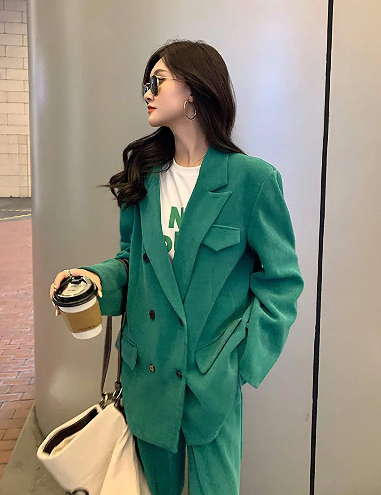 Oversize Double Breasted Green Corduroy Blazer & Pant Suit