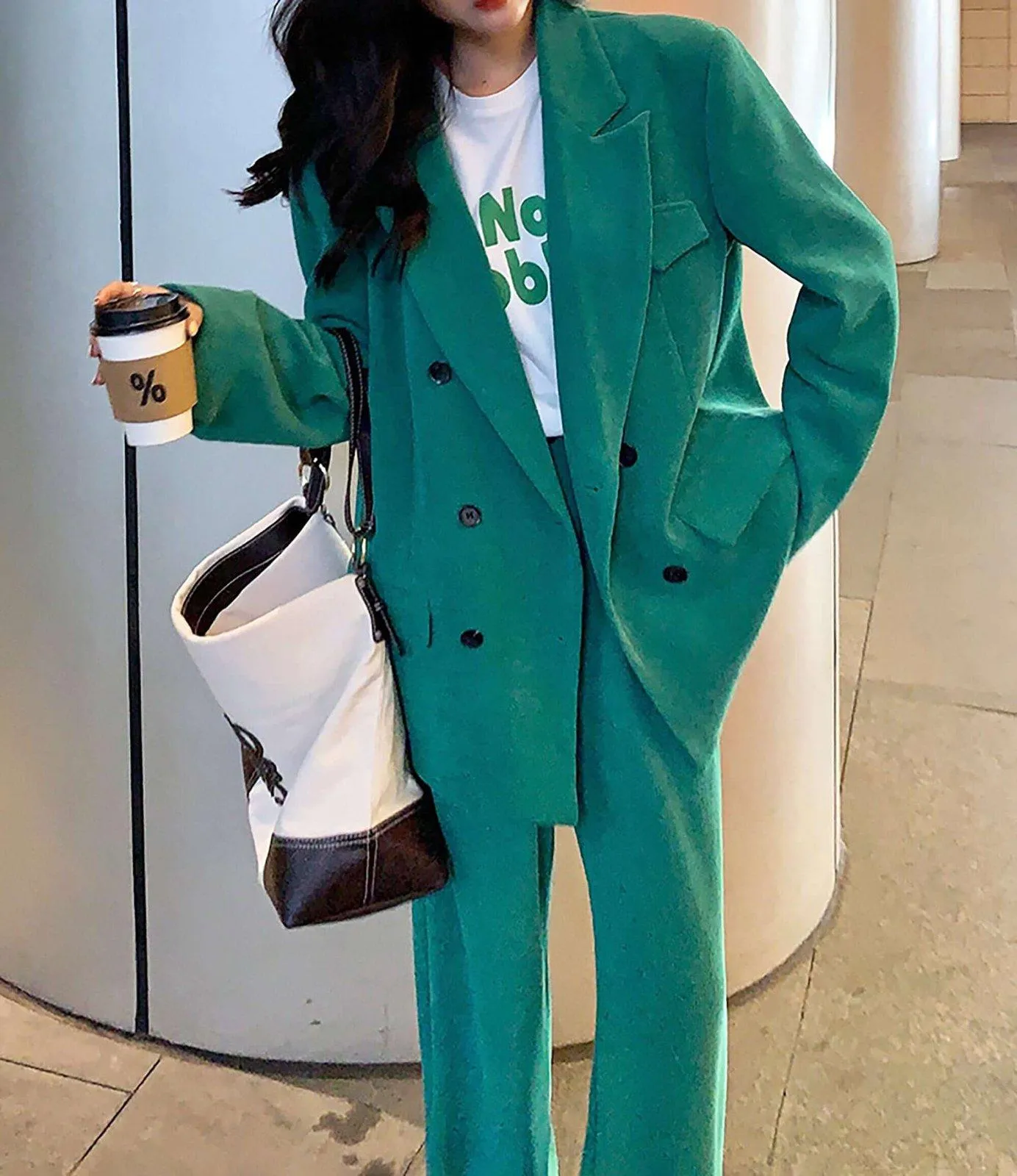 Oversize Double Breasted Green Corduroy Blazer & Pant Suit