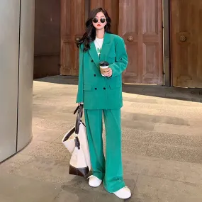 Oversize Double Breasted Green Corduroy Blazer & Pant Suit