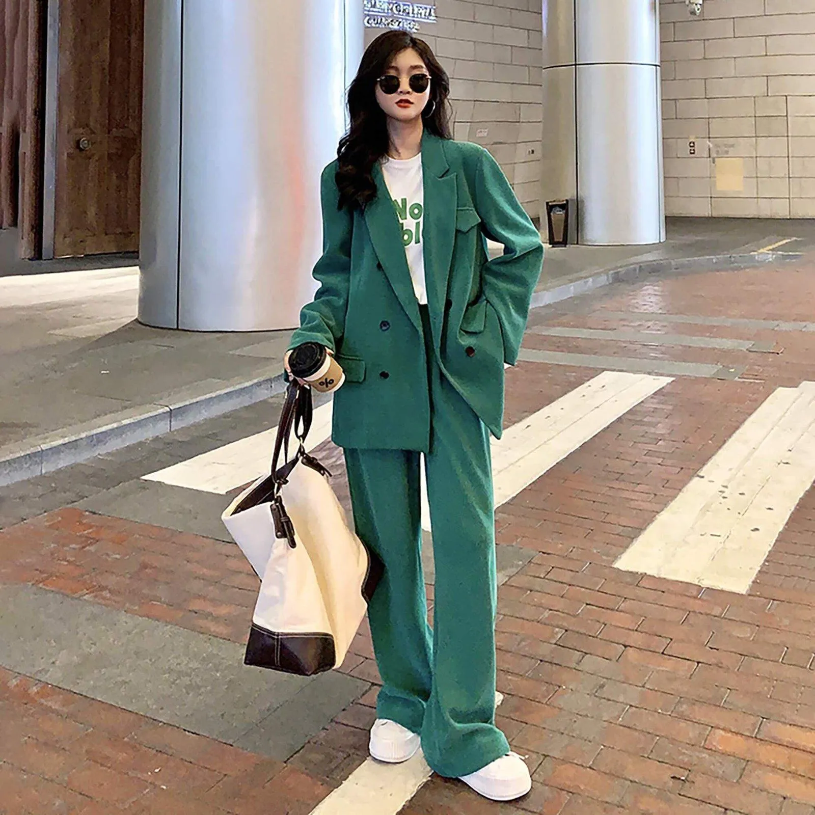 Oversize Double Breasted Green Corduroy Blazer & Pant Suit