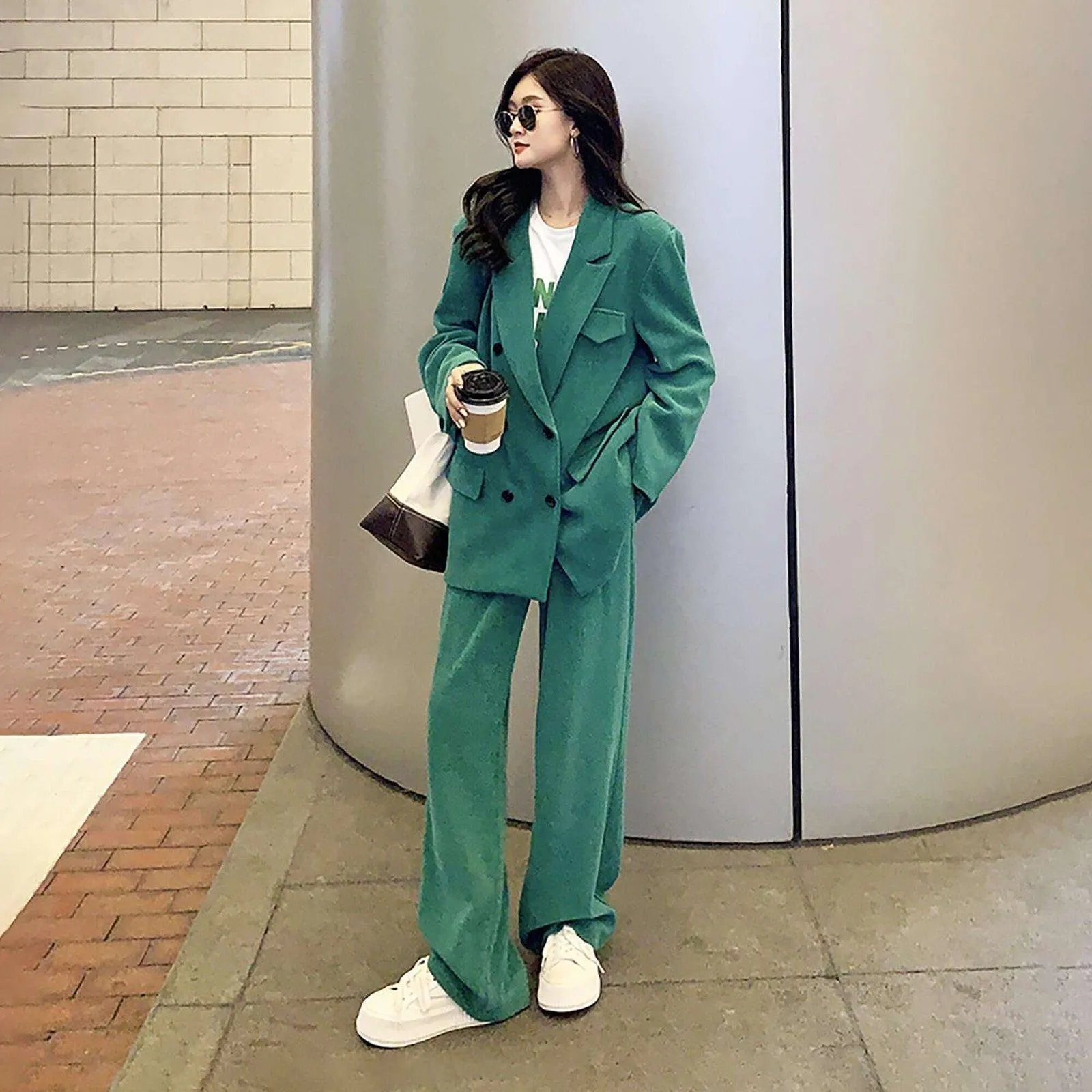 Oversize Double Breasted Green Corduroy Blazer & Pant Suit