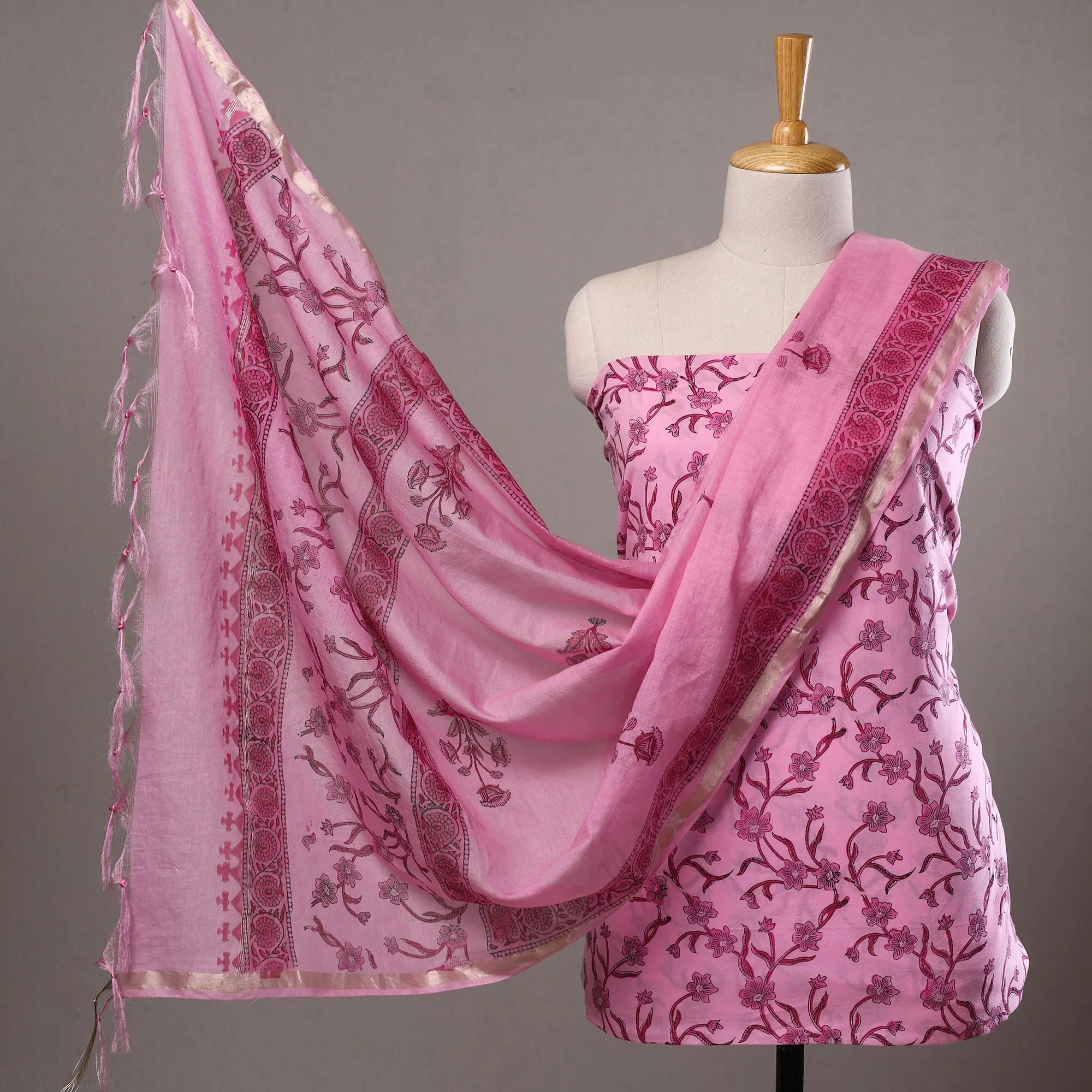 Pink - 3pc Sanganeri Block Printed Cotton Suit Material with Chanderi Silk Dupatta 05