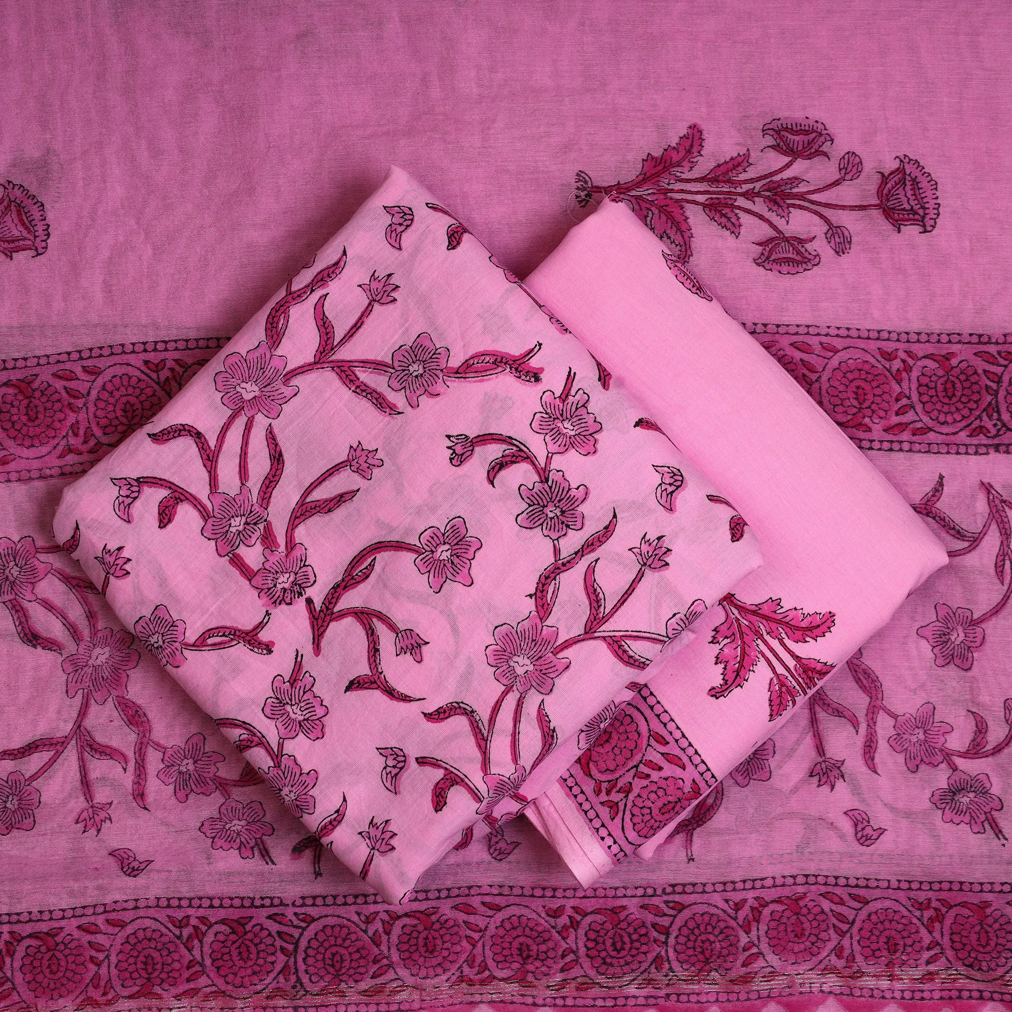 Pink - 3pc Sanganeri Block Printed Cotton Suit Material with Chanderi Silk Dupatta 05