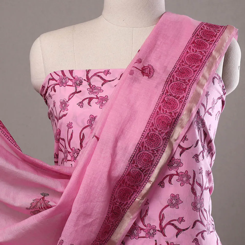 Pink - 3pc Sanganeri Block Printed Cotton Suit Material with Chanderi Silk Dupatta 05