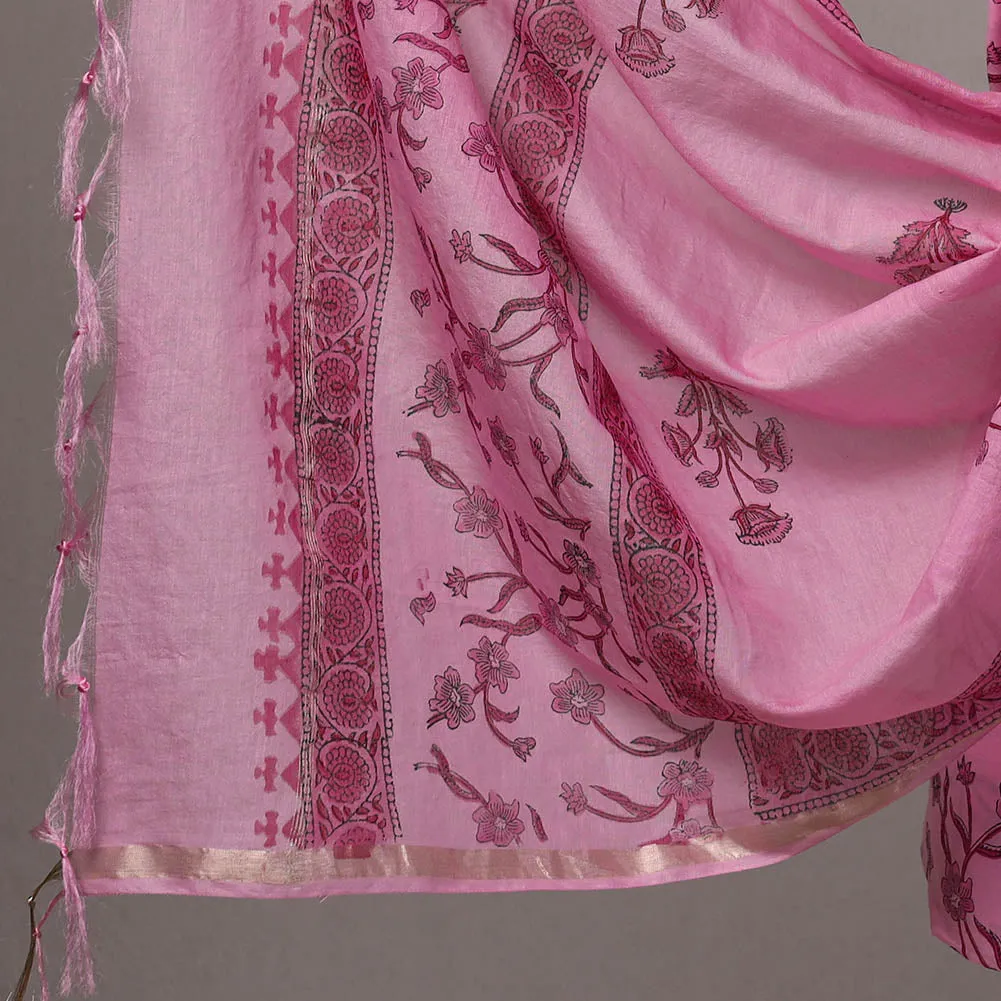 Pink - 3pc Sanganeri Block Printed Cotton Suit Material with Chanderi Silk Dupatta 05