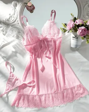 Pink Lace Lingerie Slip Nightdress Set Coquette Style