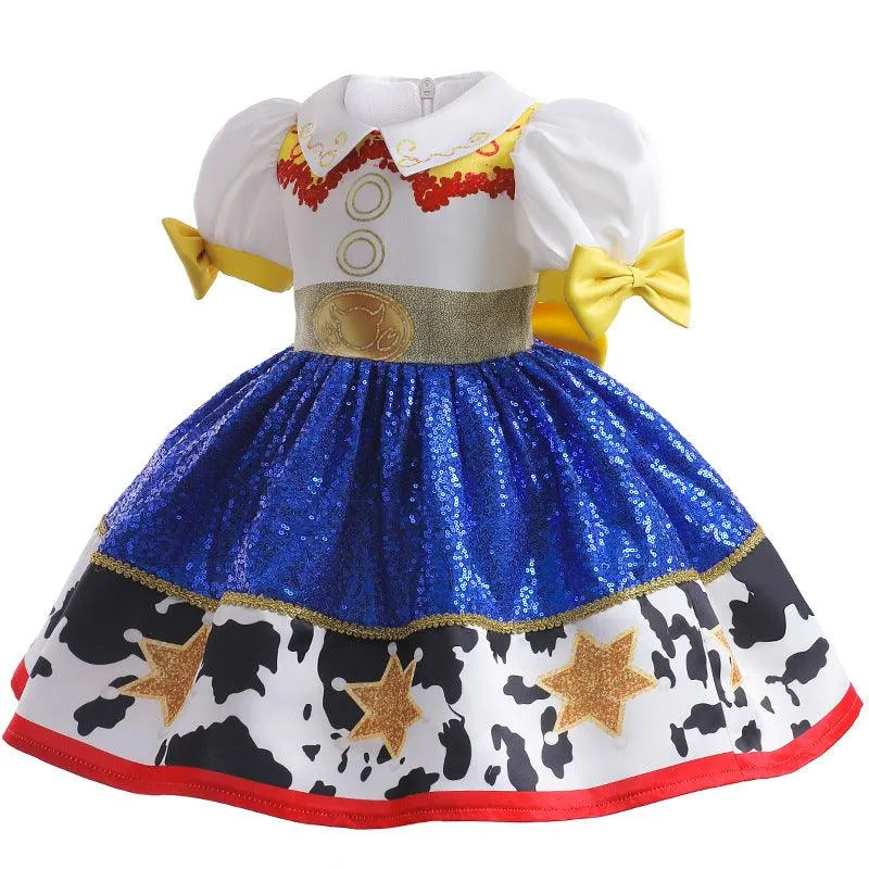 Playful Denim Print Dress Colorful Bow Princess Dress Carnival Birthday Banquet Host Performance Dress