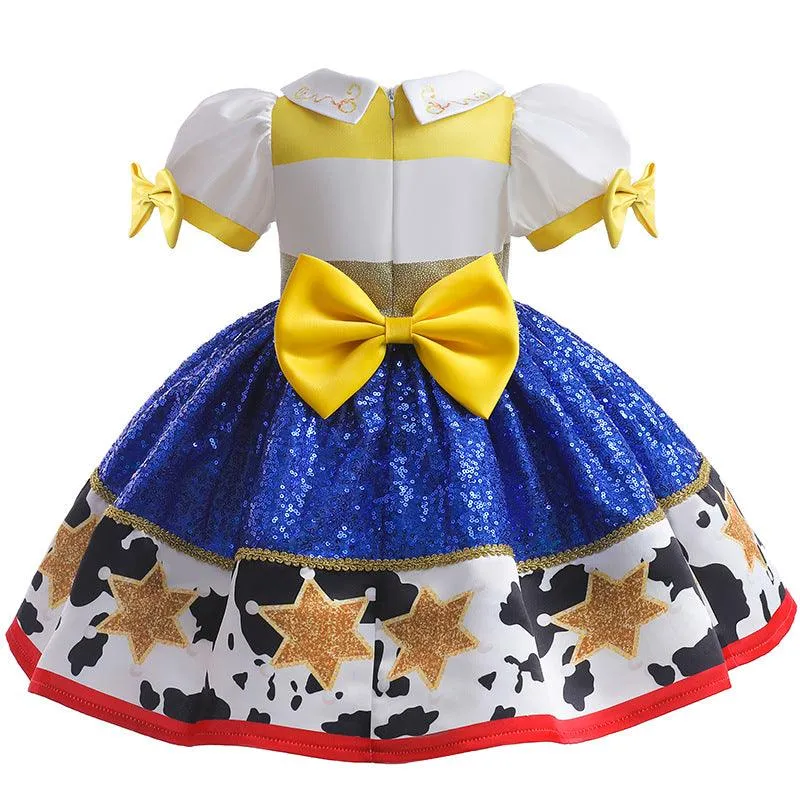 Playful Denim Print Dress Colorful Bow Princess Dress Carnival Birthday Banquet Host Performance Dress