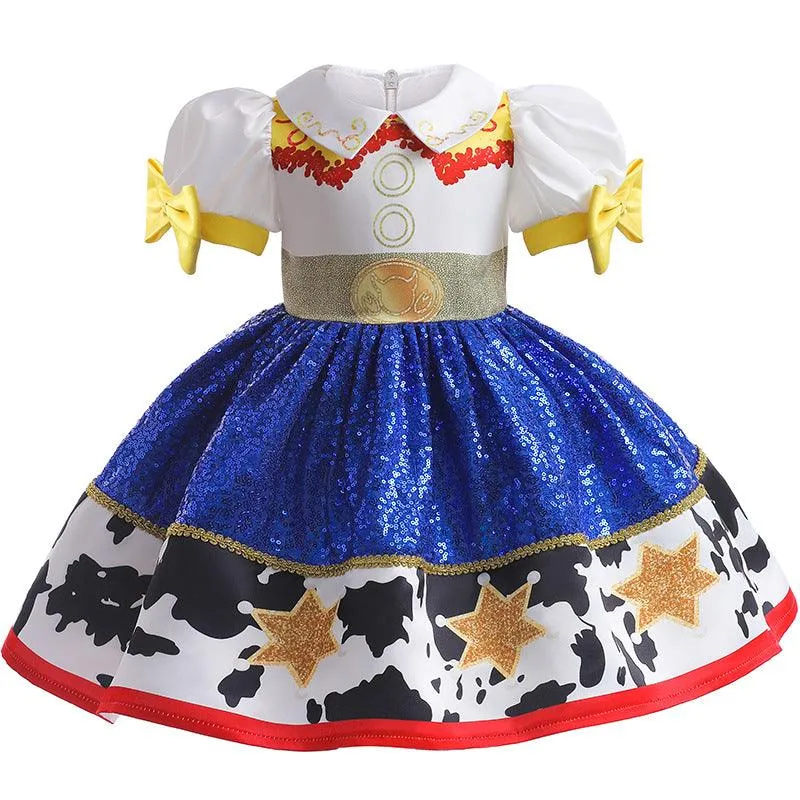 Playful Denim Print Dress Colorful Bow Princess Dress Carnival Birthday Banquet Host Performance Dress