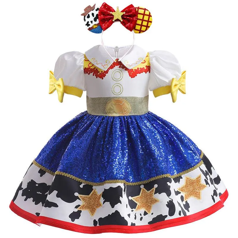 Playful Denim Print Dress Colorful Bow Princess Dress Carnival Birthday Banquet Host Performance Dress