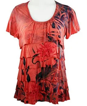 Pretty Woman - Double Ruffle, Scoop Neck, Cap Sleeve, Sublimation Print Coral Top