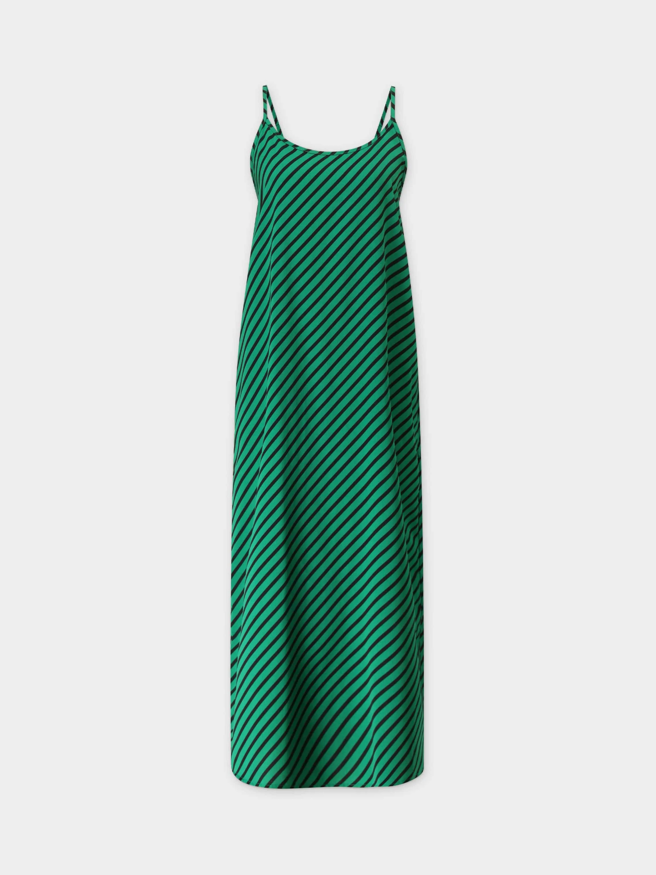 Printed Crew Neck Slip Dress-Black/Green Stripes