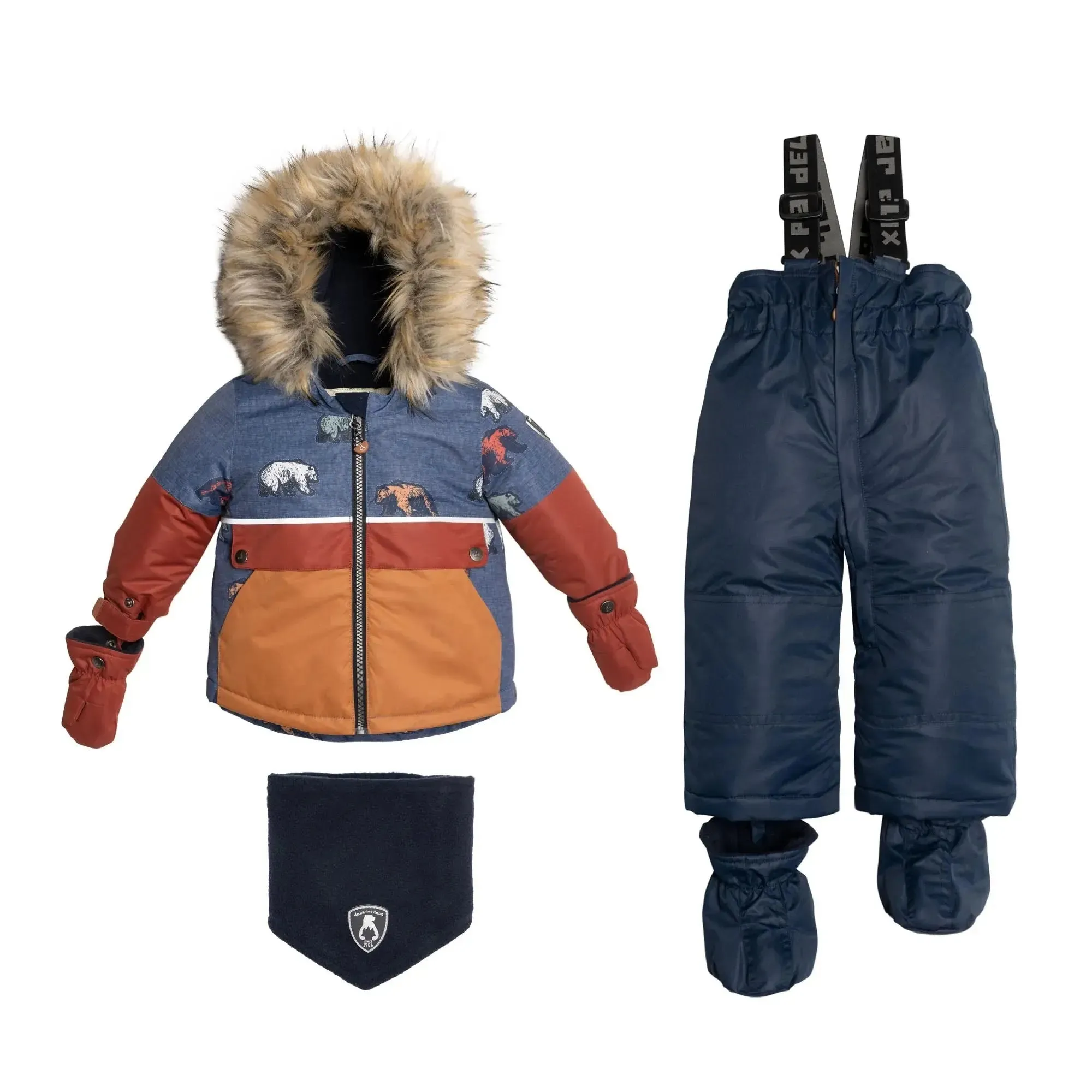 Printed Grizzlys Two Piece Boys Snowsuit Navy Blue And Brown | DEUX PAR DEUX