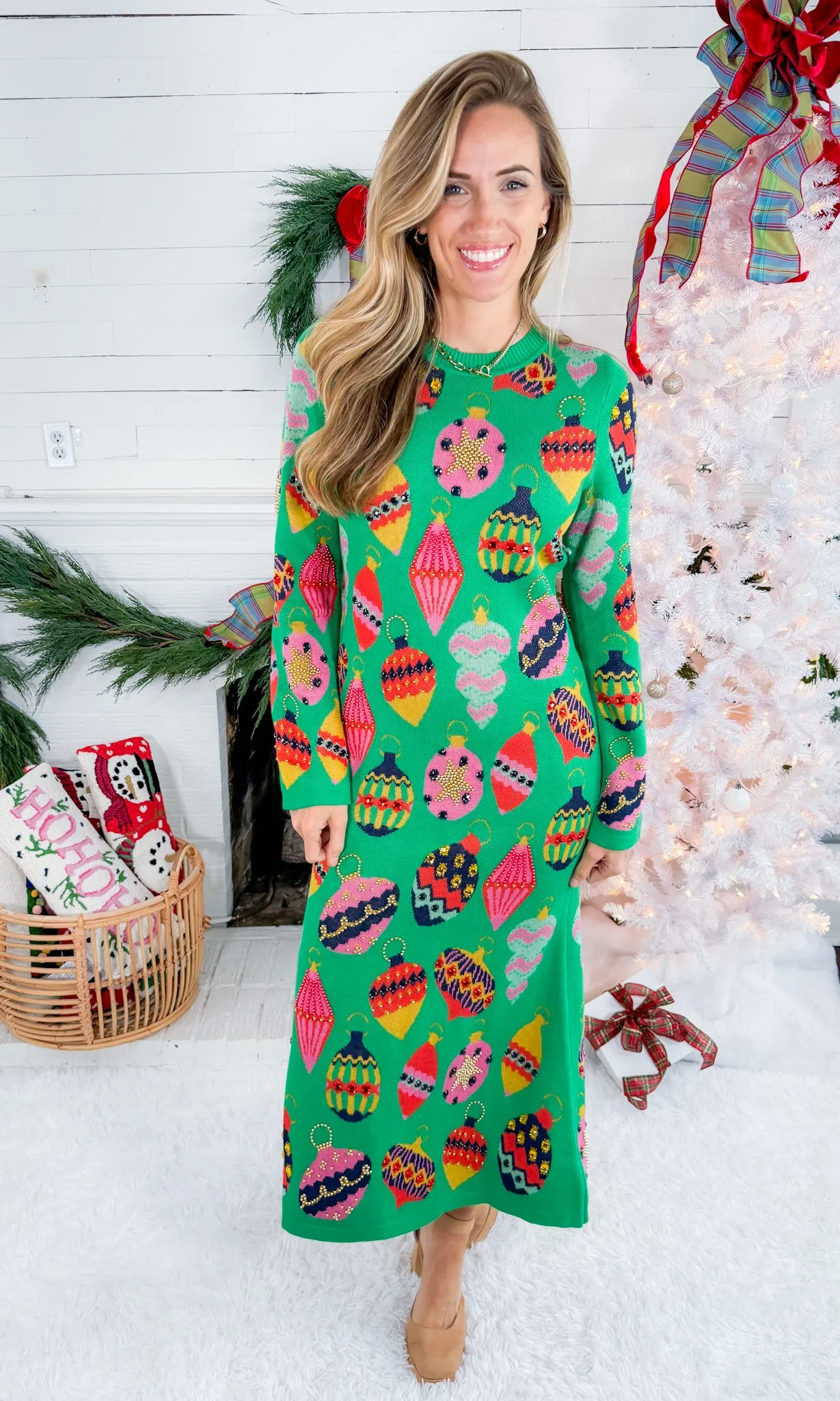 Queen of Sparkles Green Multi Ornament Sweater Maxi Dress