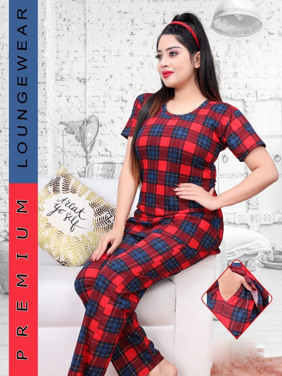 Red Checked Night suit for ladies with long Top and Pockets