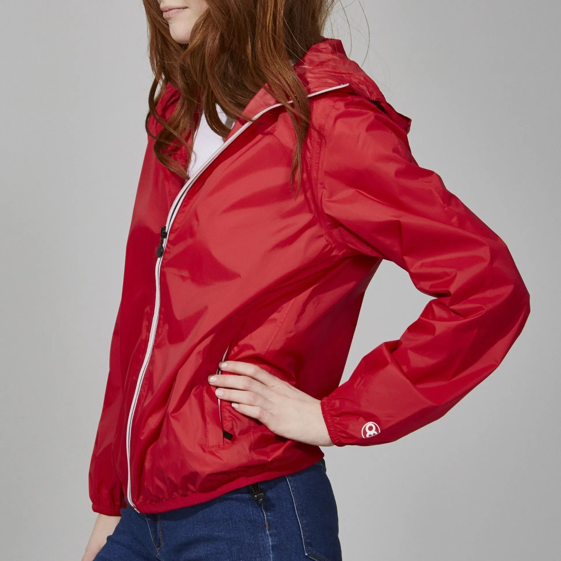 Red Full Zip Packable Rain Jacket