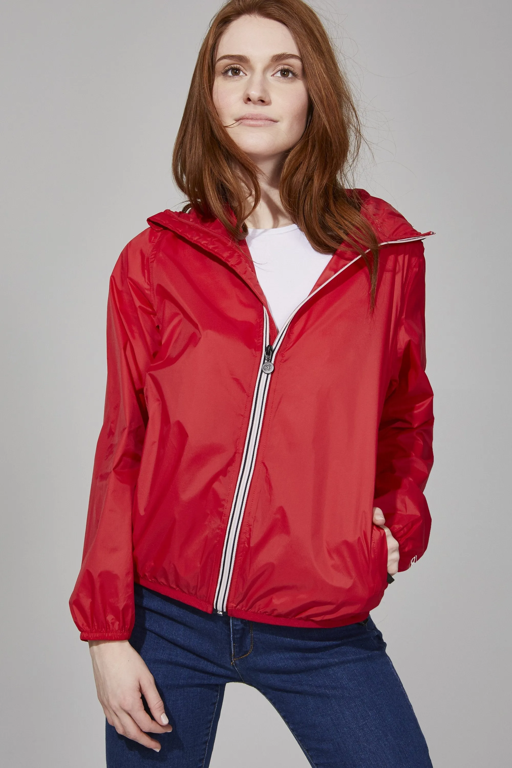 Red Full Zip Packable Rain Jacket