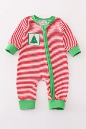 Red stripe christmas tree embroidery boy romper