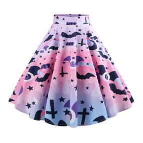 Retro Ghost Bat Print Halloween Skirt 50s High Waist Hepburn Vintage Christmas Jurken Long Cotton A-Line Party Women's Clothing