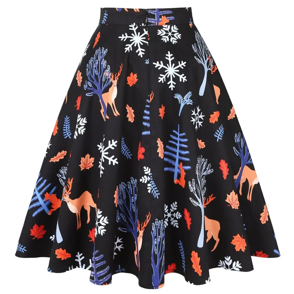 Retro Ghost Bat Print Halloween Skirt 50s High Waist Hepburn Vintage Christmas Jurken Long Cotton A-Line Party Women's Clothing