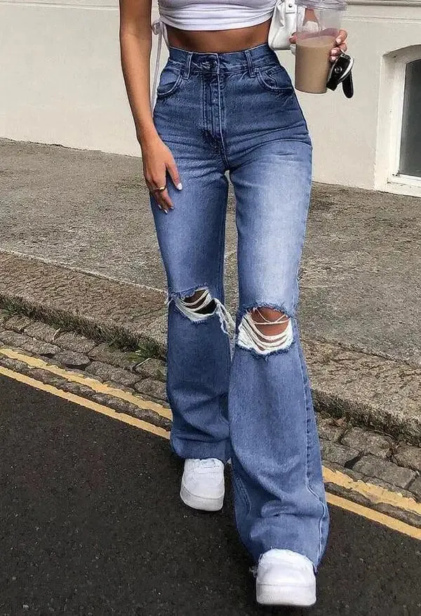 Retro High-Waisted Stretch Flared Denim Jeans with Knee Hole