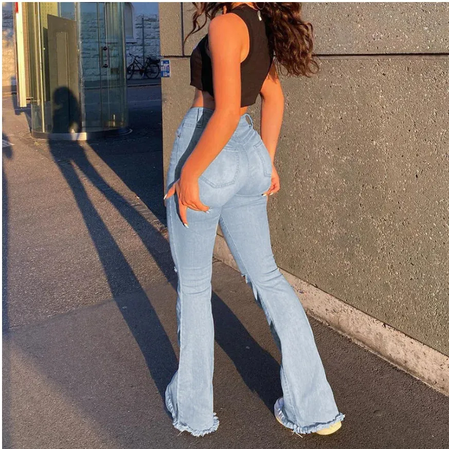 Retro High-Waisted Stretch Flared Denim Jeans with Knee Hole