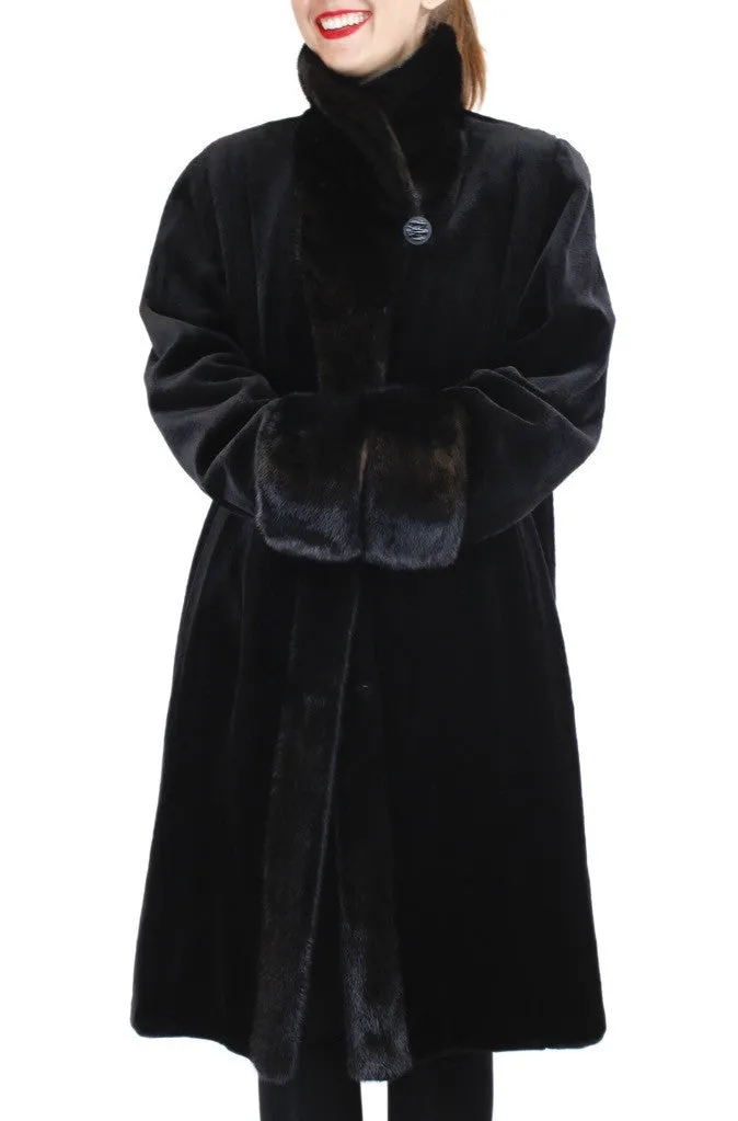 REVERSIBLE FULLY LET OUT BLACK SHEARED MINK & UNSHEARED BLACKGLAMA MINK FUR 7/8 COAT