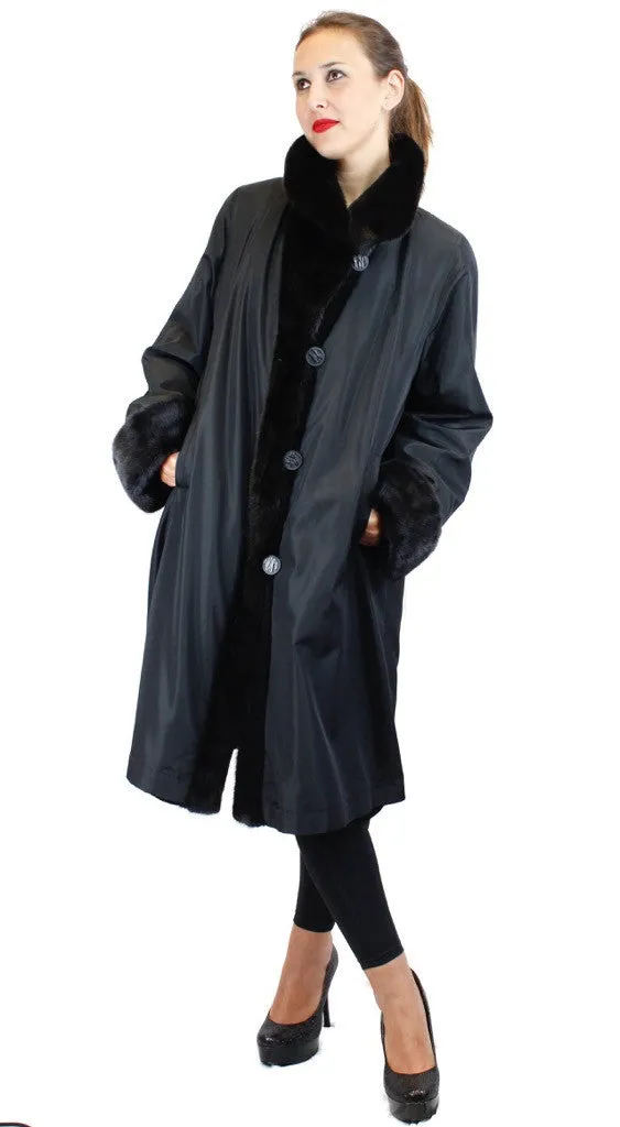 REVERSIBLE FULLY LET OUT BLACK SHEARED MINK & UNSHEARED BLACKGLAMA MINK FUR 7/8 COAT