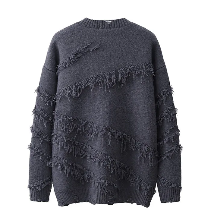 Ripped Fringed Oversize Crewneck Sweater