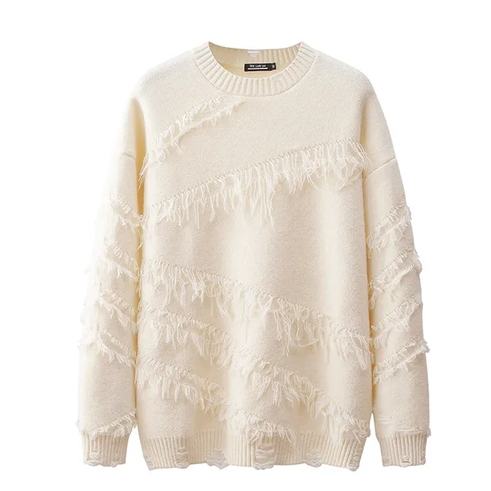 Ripped Fringed Oversize Crewneck Sweater