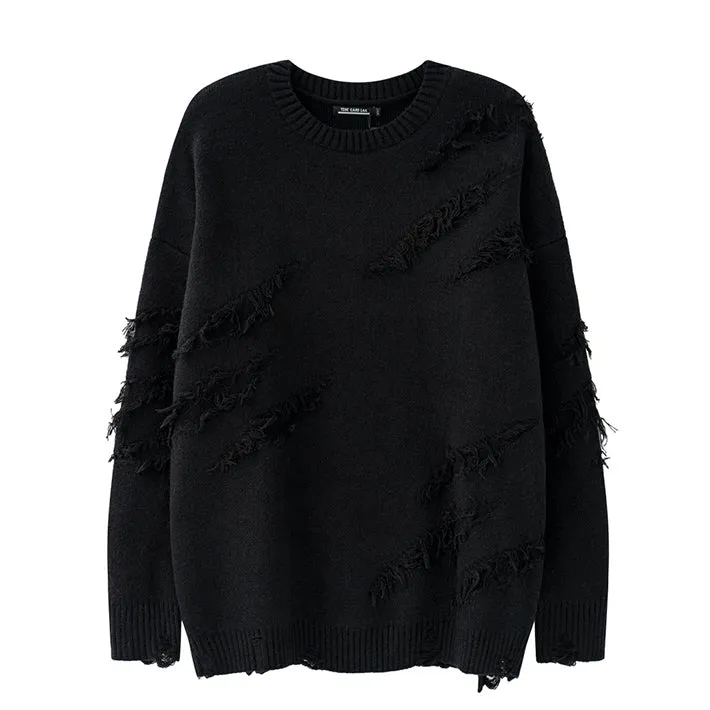 Ripped Fringed Oversize Crewneck Sweater