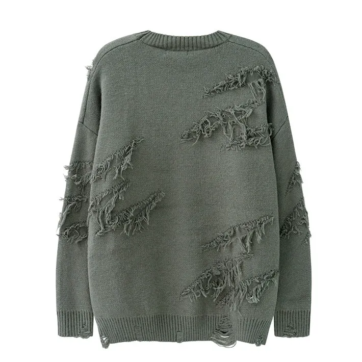 Ripped Fringed Oversize Crewneck Sweater