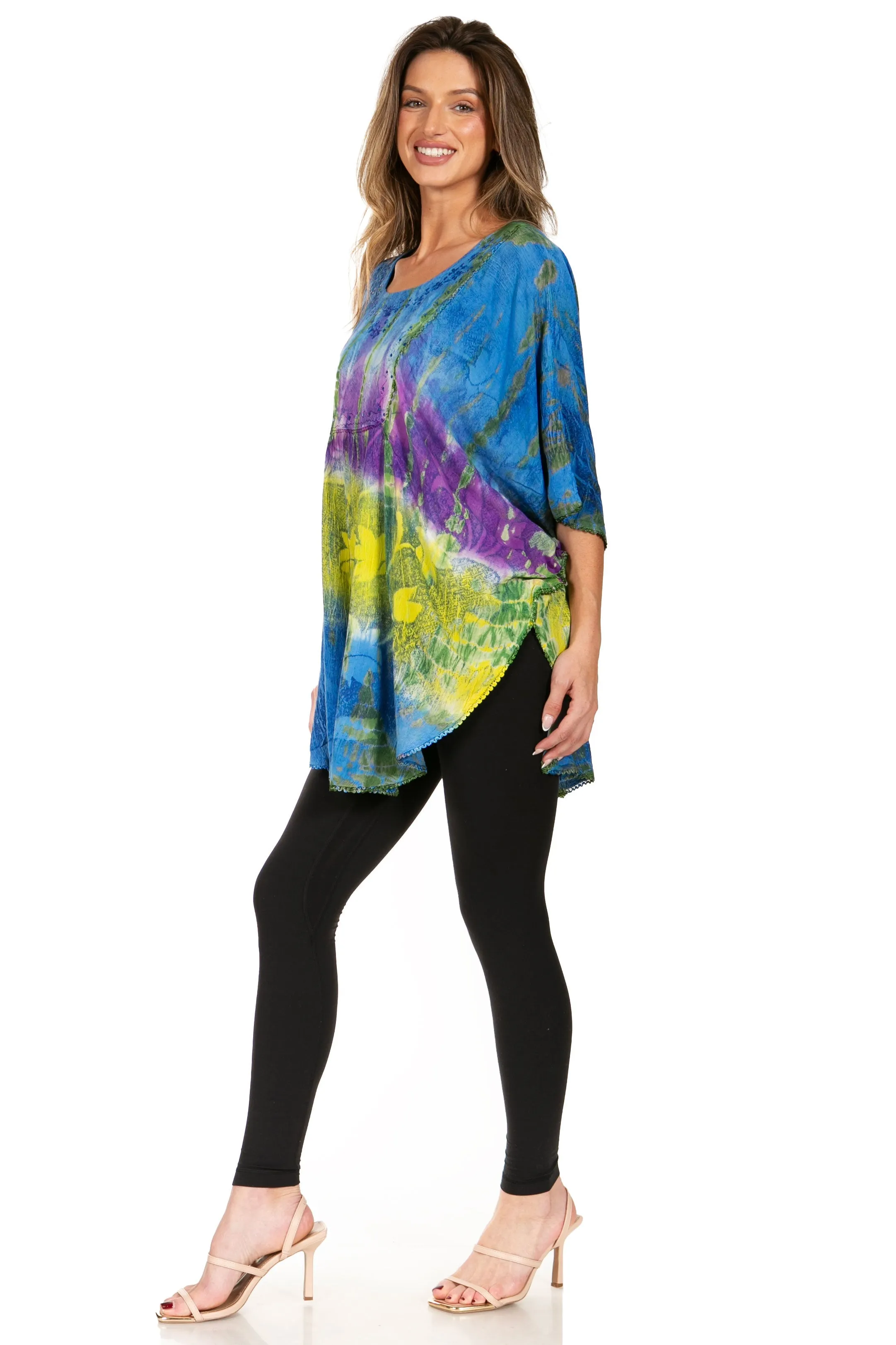 Sakkas Ellesa Ombre Tie Dye Circle Poncho Blouse Shirt Top With Sequin Embroidery