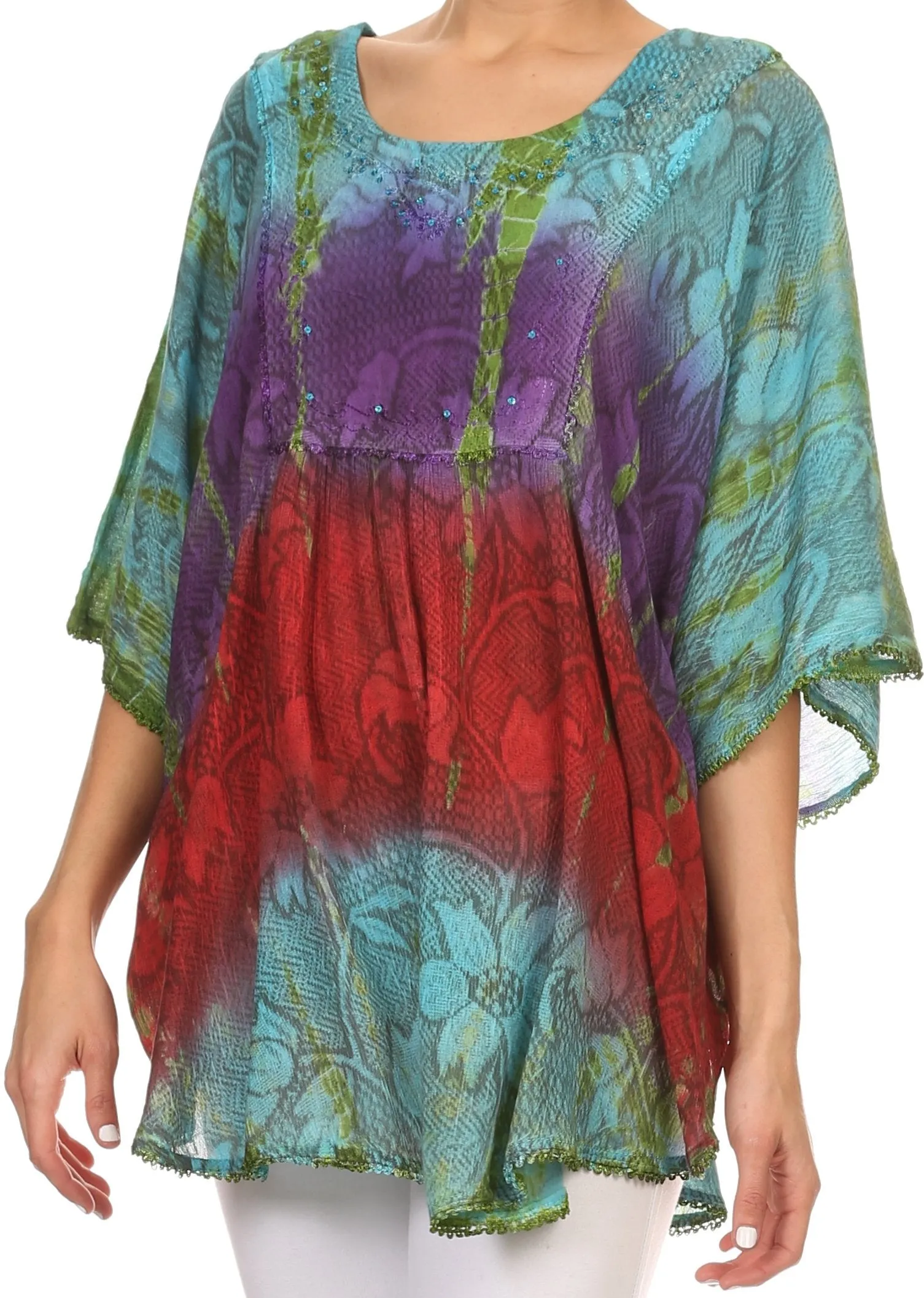 Sakkas Ellesa Ombre Tie Dye Circle Poncho Blouse Shirt Top With Sequin Embroidery