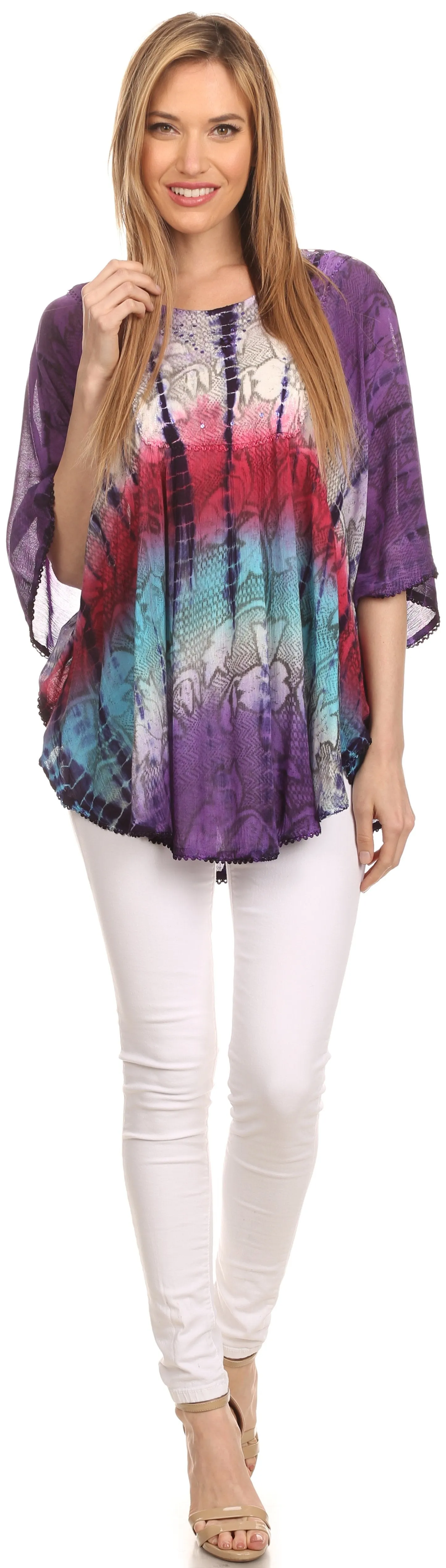 Sakkas Ellesa Ombre Tie Dye Circle Poncho Blouse Shirt Top With Sequin Embroidery