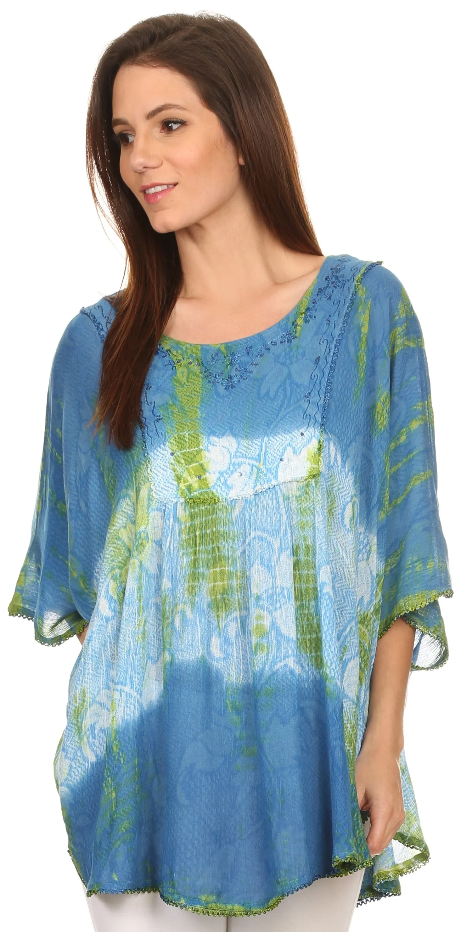 Sakkas Ellesa Ombre Tie Dye Circle Poncho Blouse Shirt Top With Sequin Embroidery