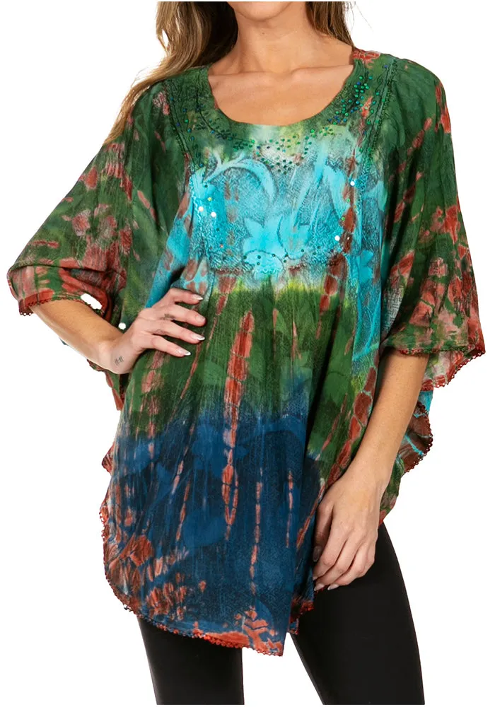 Sakkas Ellesa Ombre Tie Dye Circle Poncho Blouse Shirt Top With Sequin Embroidery