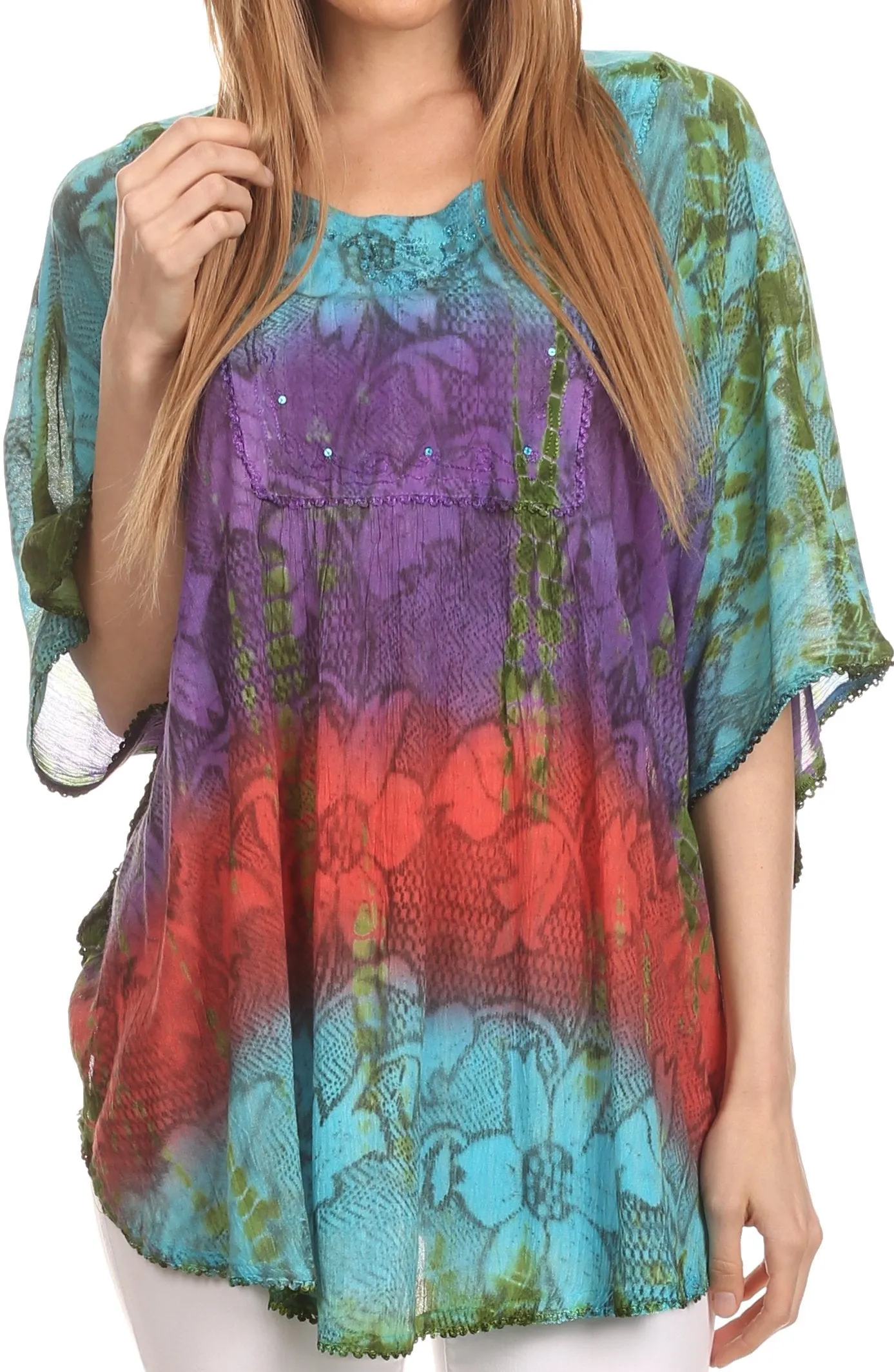 Sakkas Ellesa Ombre Tie Dye Circle Poncho Blouse Shirt Top With Sequin Embroidery