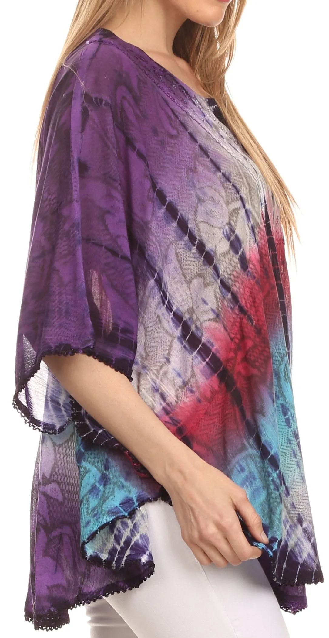 Sakkas Ellesa Ombre Tie Dye Circle Poncho Blouse Shirt Top With Sequin Embroidery